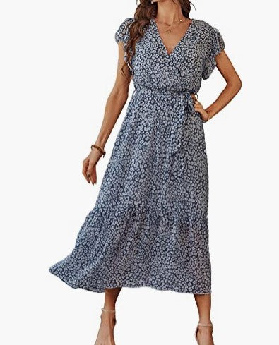 Cap Flutter Sleeve V-Neck Floral Tie Strap Dress