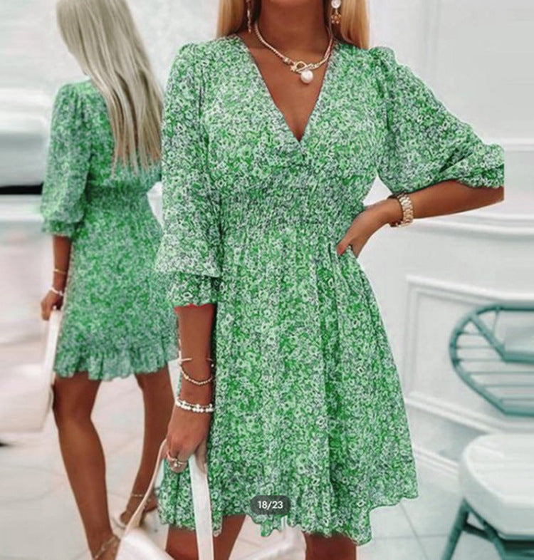 Mini Garden Floral Long Sleeve V Neck Mini Dress