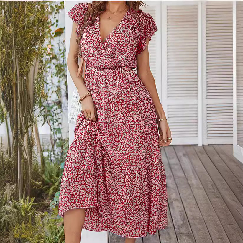 Cap Flutter Sleeve V-Neck Floral Tie Strap Dress