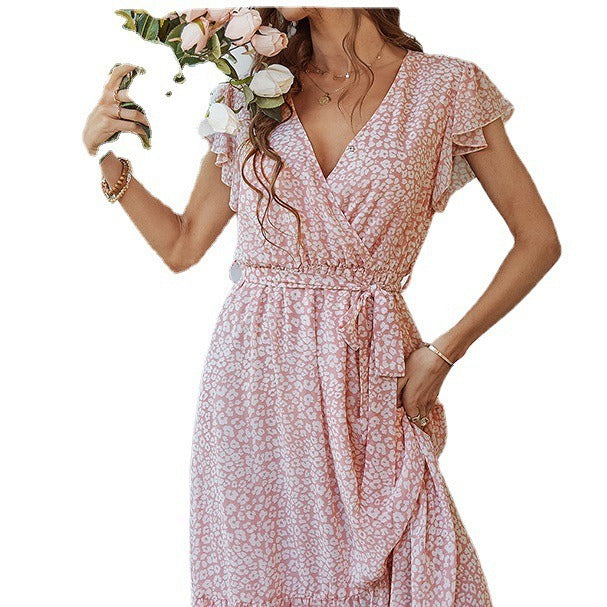 Cap Flutter Sleeve V-Neck Floral Tie Strap Dress