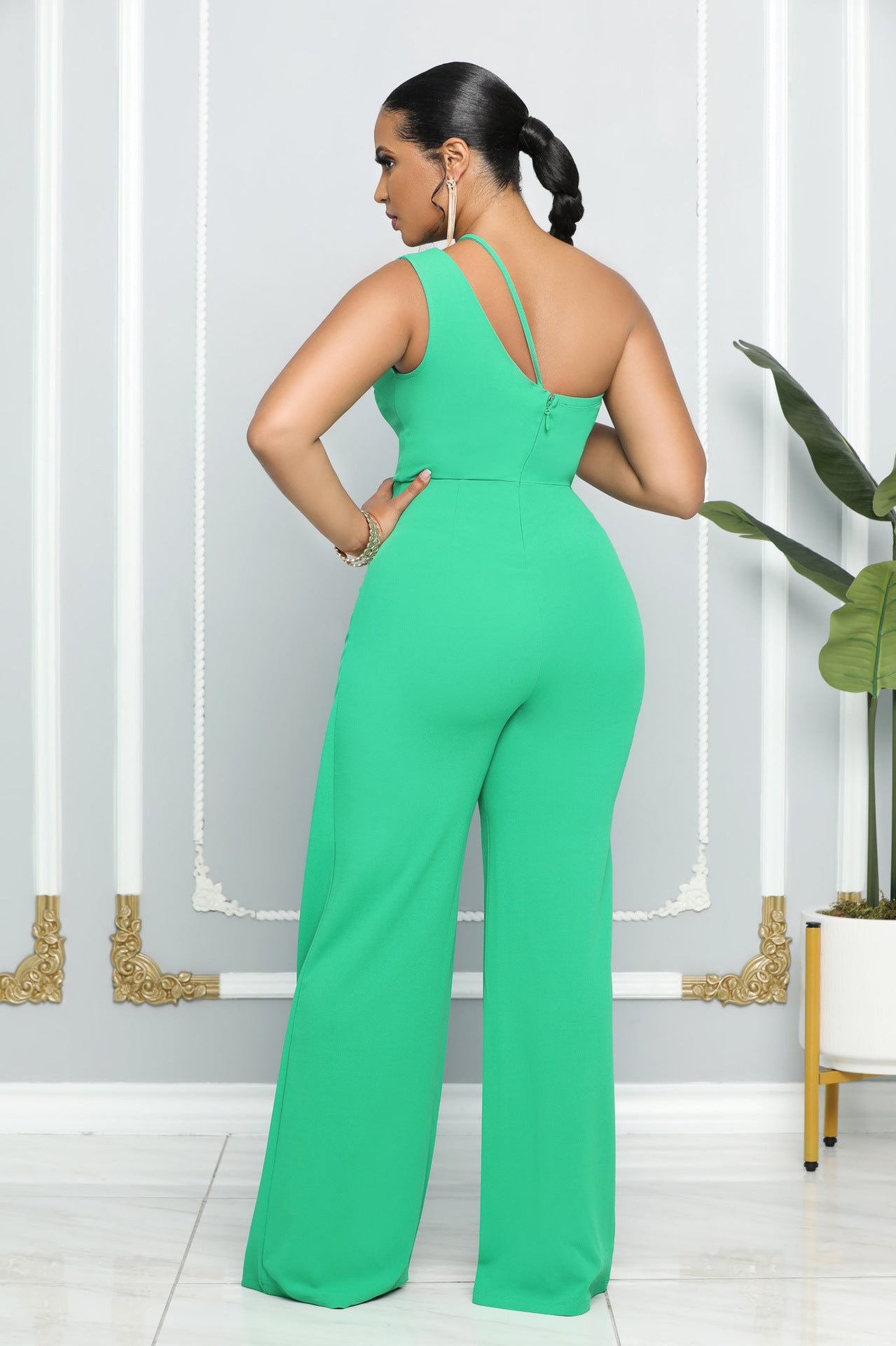 One Shoulder Strap Sleevless Bodycon Wide Leg Jumpsuit