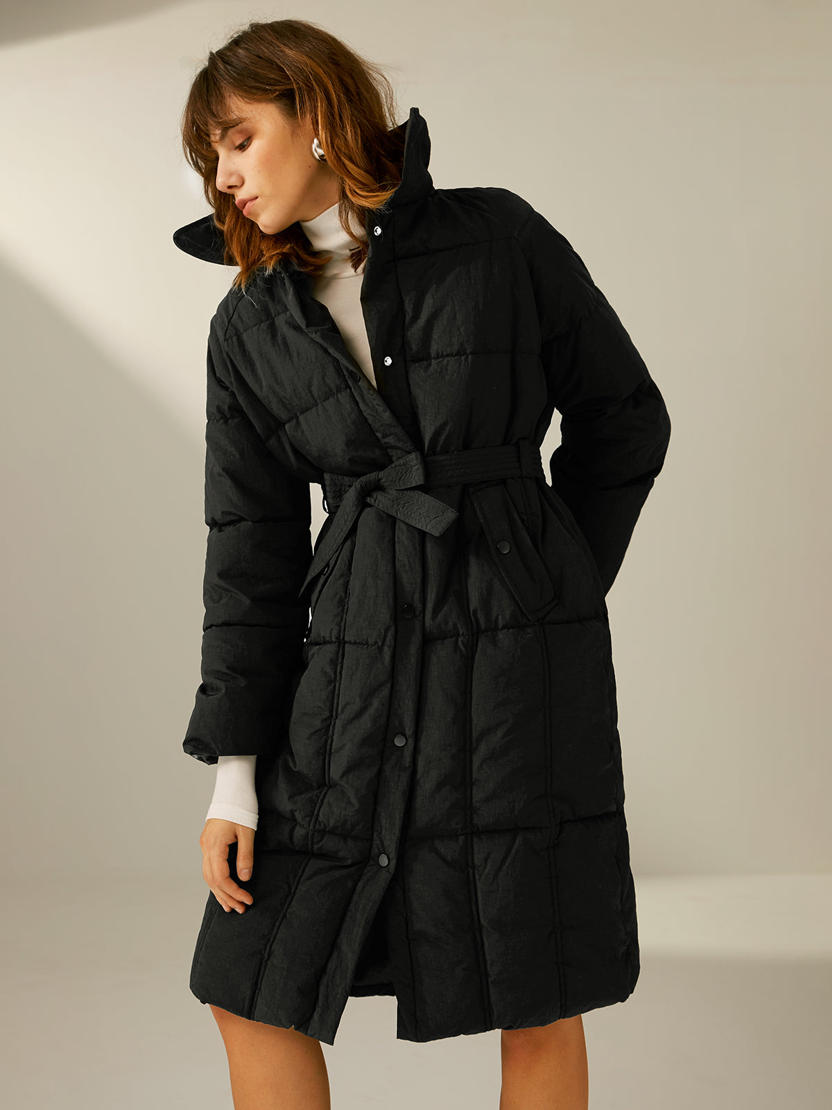 Collared Button Front Long Puffer Jacket