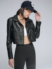 Cropped Double Front Pocket Leather Jacket