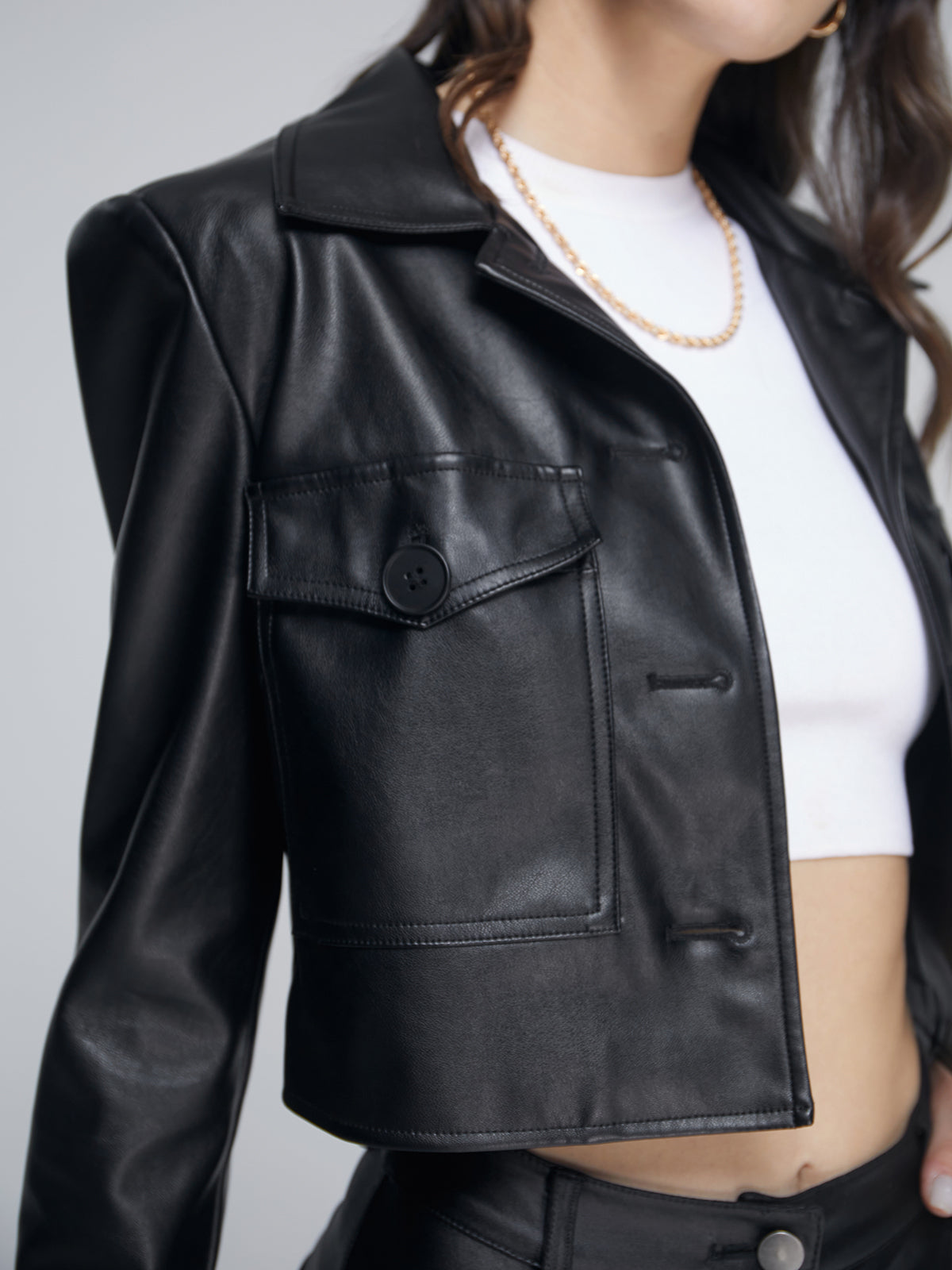 Cropped Double Front Pocket Leather Jacket