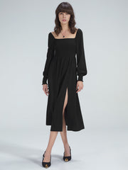 Square Neck Long Sleeve Slit Dress