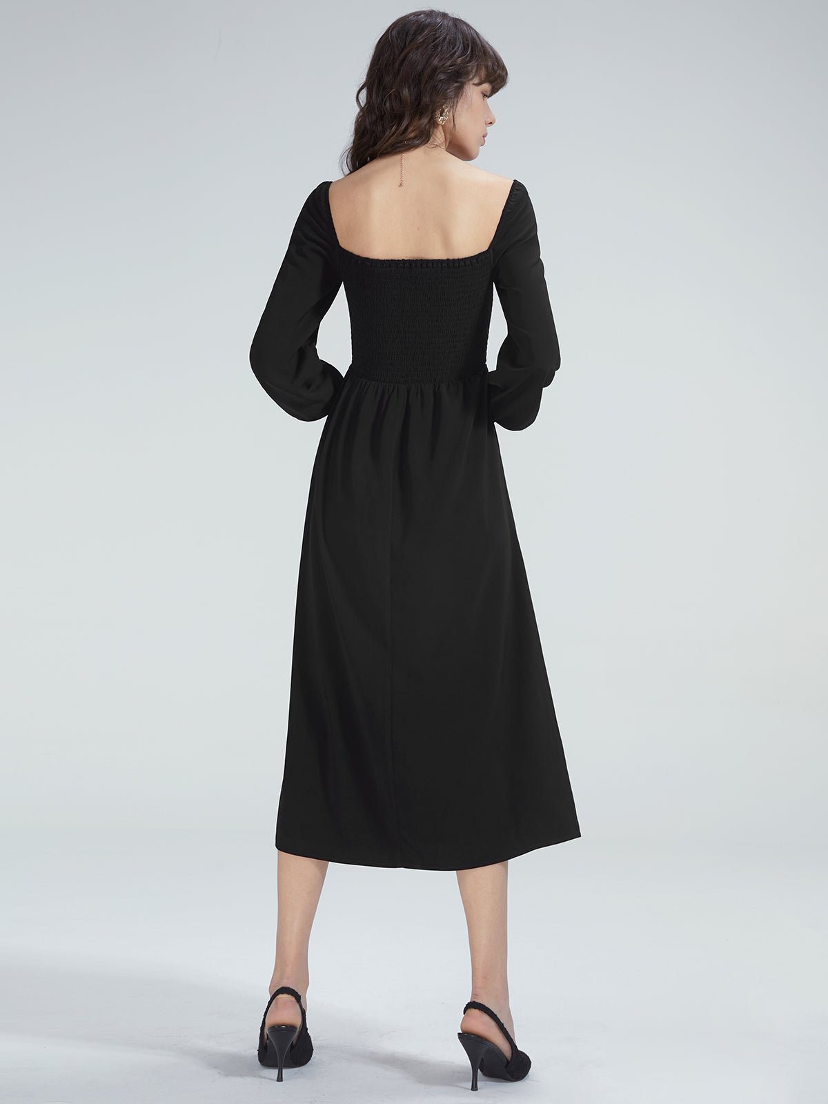 Square Neck Long Sleeve Slit Dress