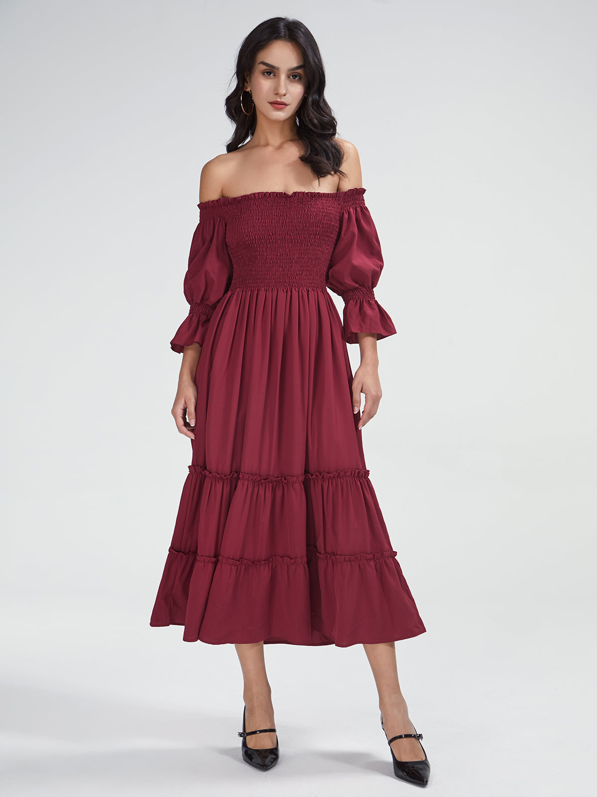 Off The Shoulder Long Puff Sleeve Layer Pleat Dress