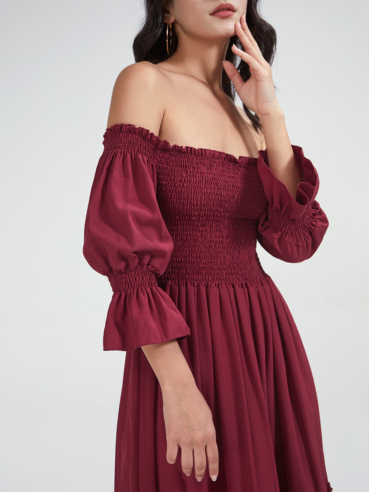 Off The Shoulder Long Puff Sleeve Layer Pleat Dress