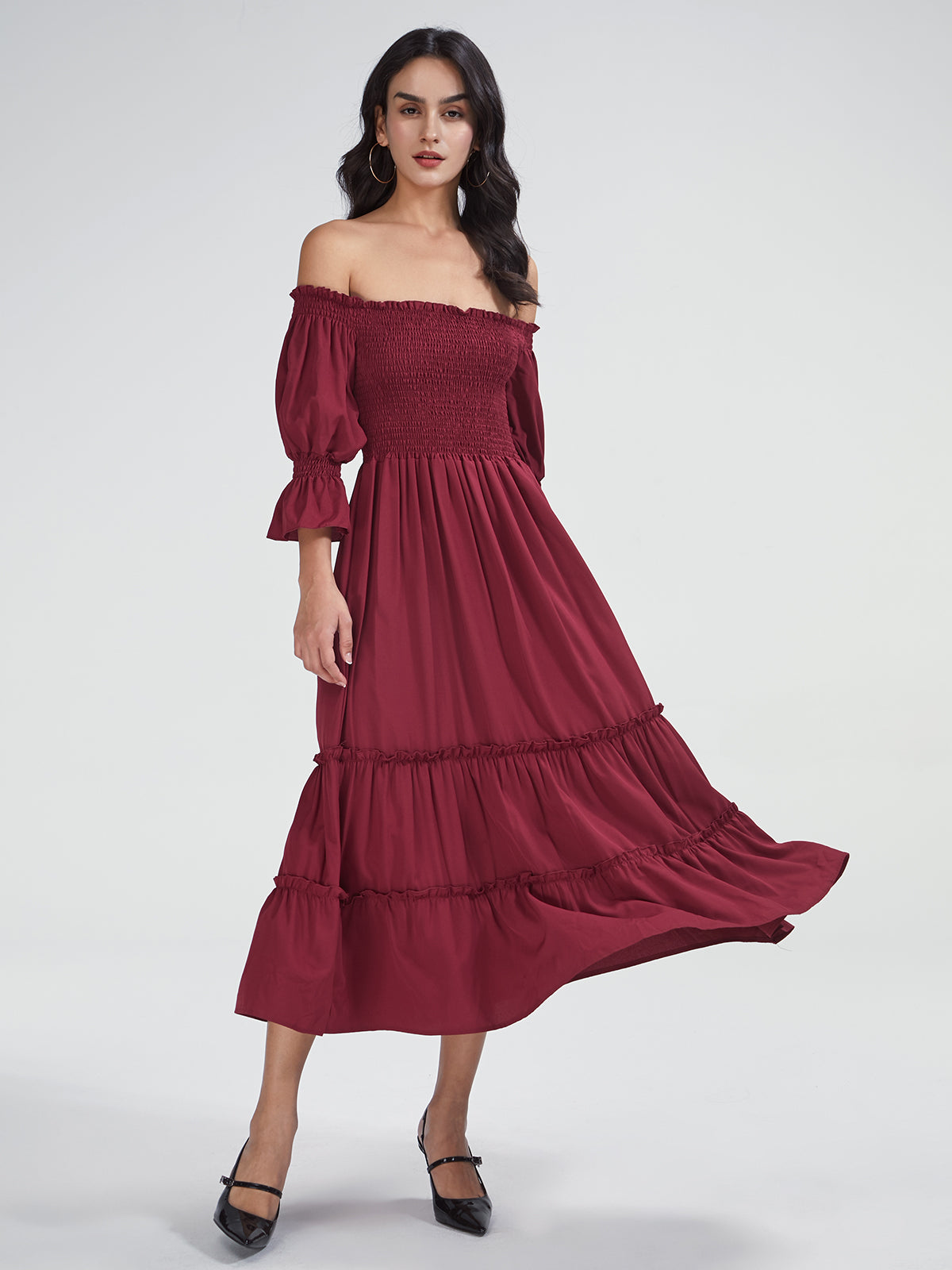 Off The Shoulder Long Puff Sleeve Layer Pleat Dress