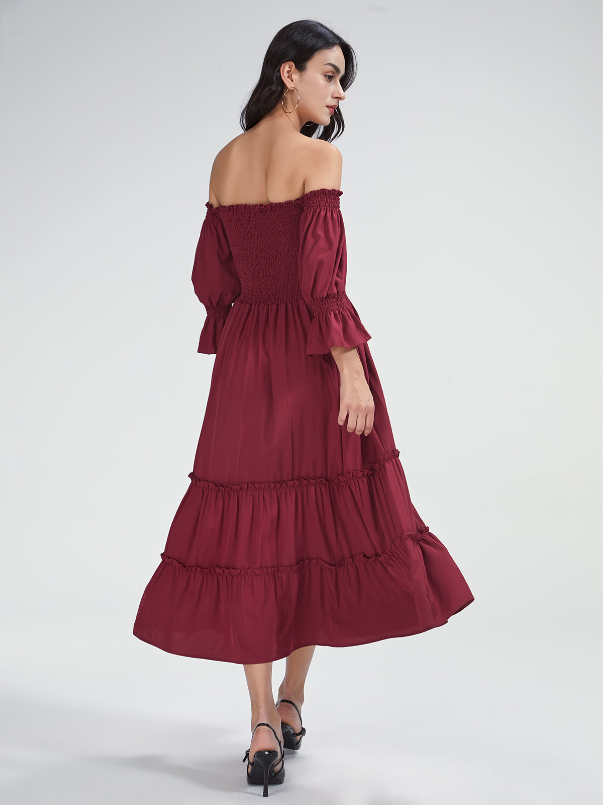 Off The Shoulder Long Puff Sleeve Layer Pleat Dress