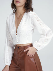 Cropped V-Neck Pattern Woven Top