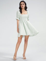 Square Neck Gingham Short Puff Sleeve Mini A Line Dress