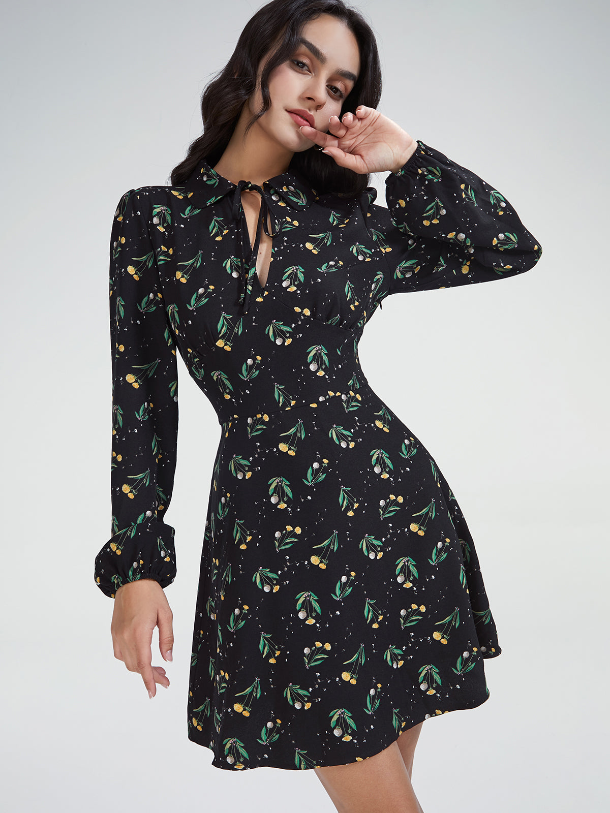 High Neck Keyhole Puff Sleeve Floral A Line Mini Dress