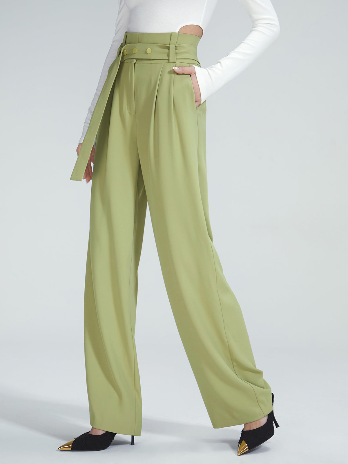 High Waisted Belted Pleat Front Trousers