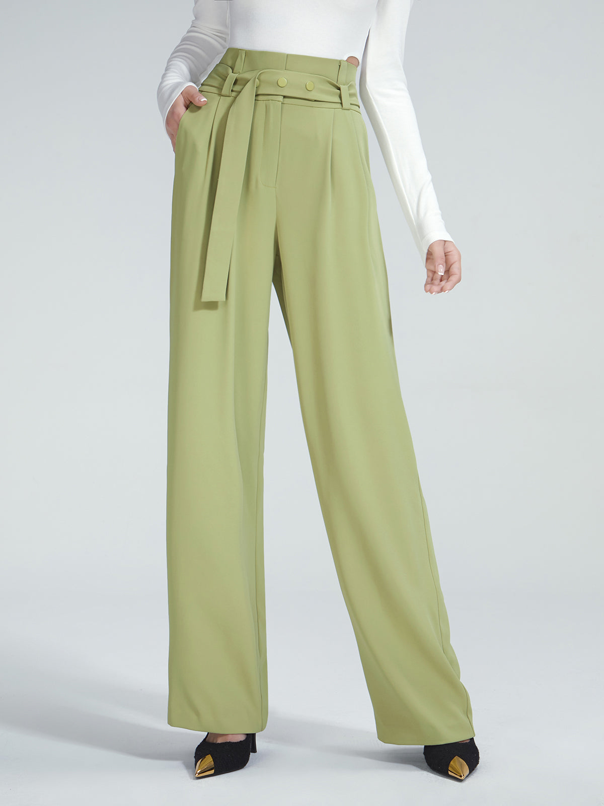 High Waisted Belted Pleat Front Trousers