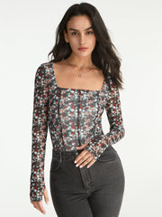 Square Neck Long Sleeve Multi Floral Corset Top