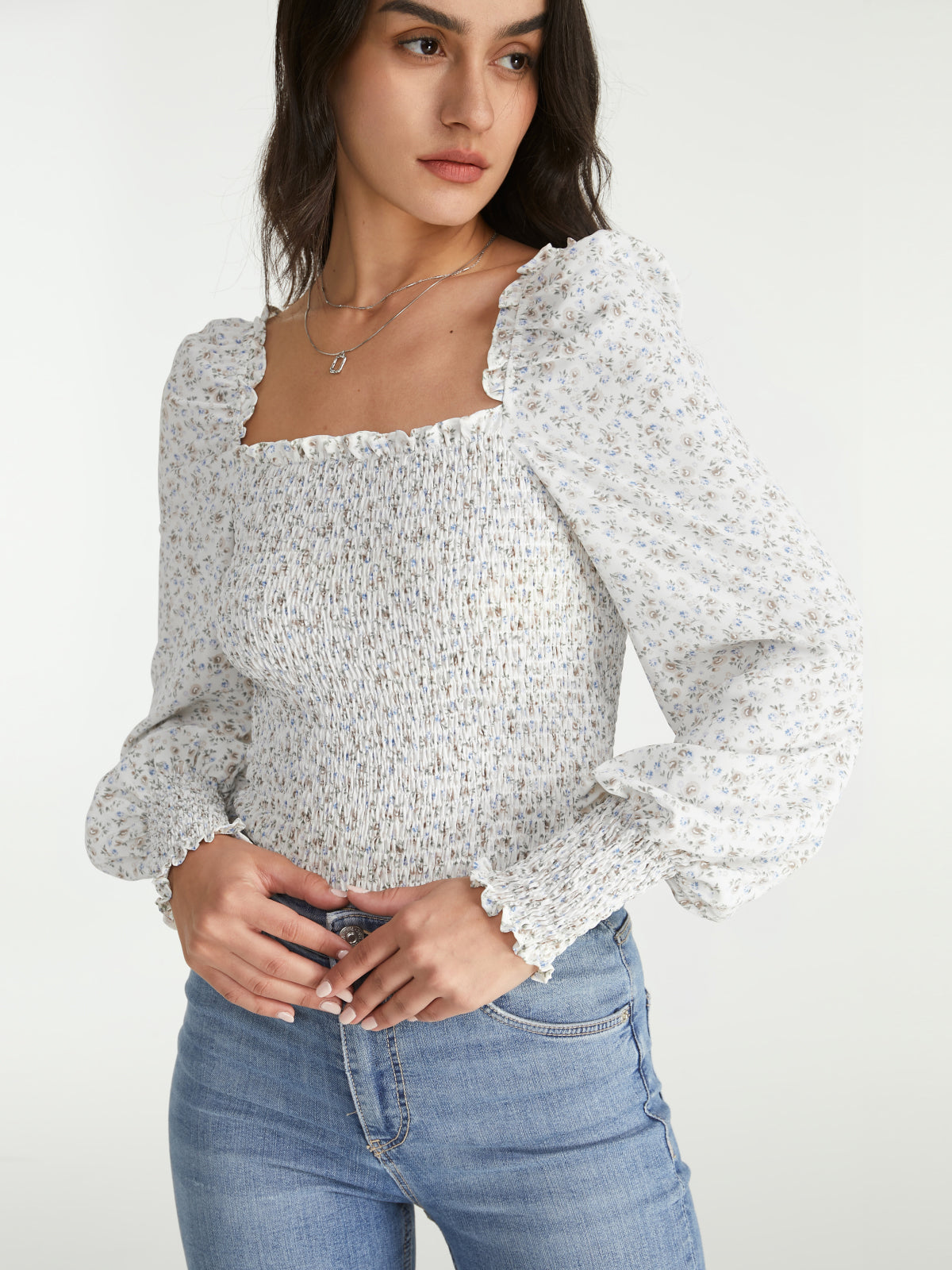 Ruffle Square Neck Light Flora Long Puff Ruche Sleeve Top