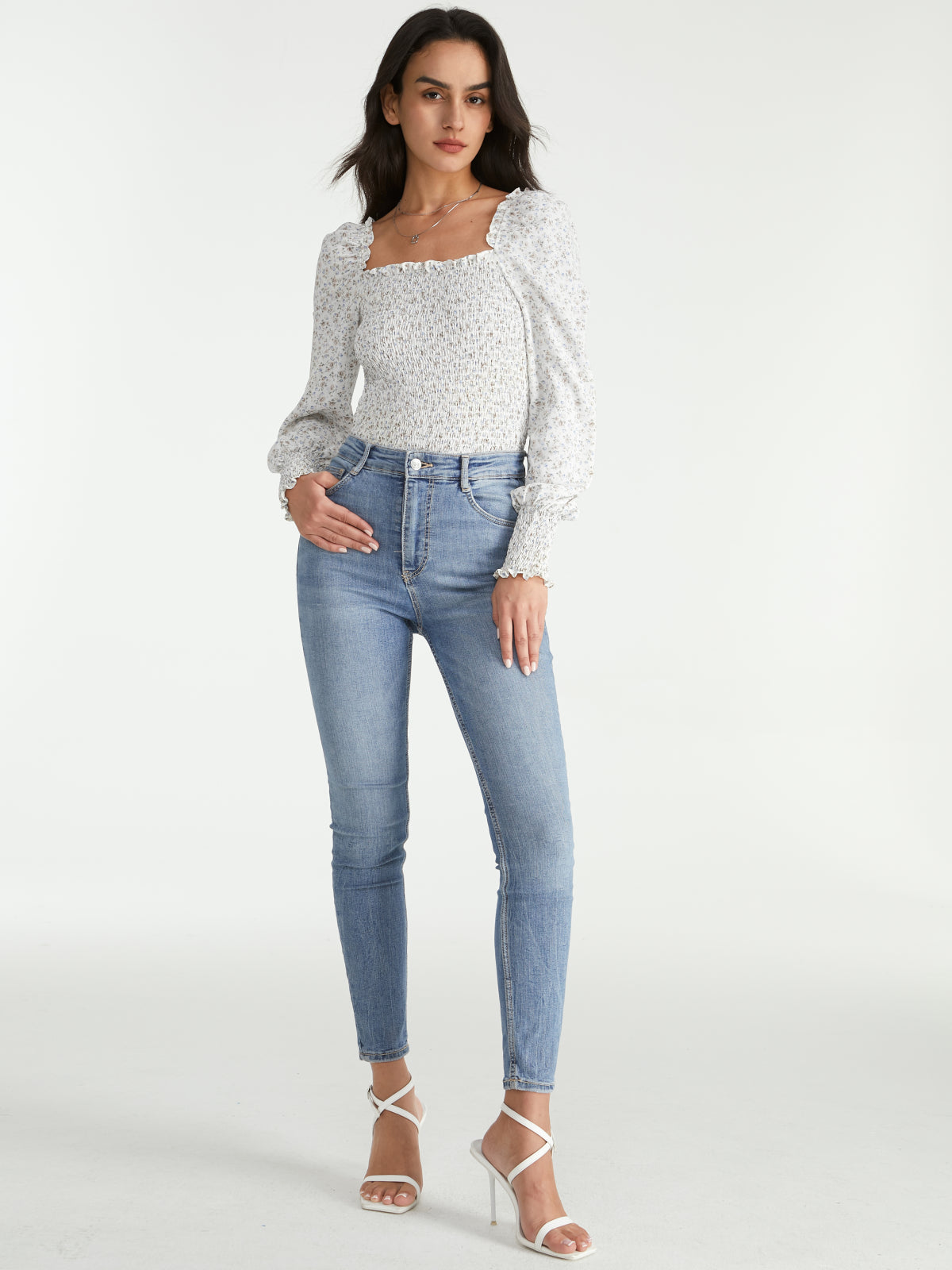 Ruffle Square Neck Light Flora Long Puff Ruche Sleeve Top