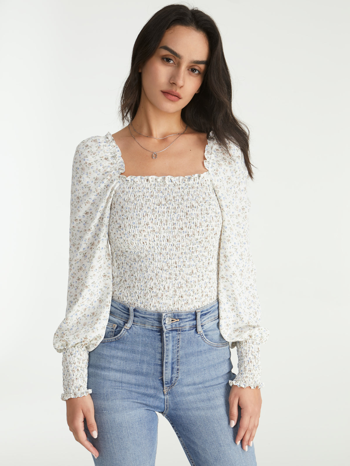 Ruffle Square Neck Light Flora Long Puff Ruche Sleeve Top