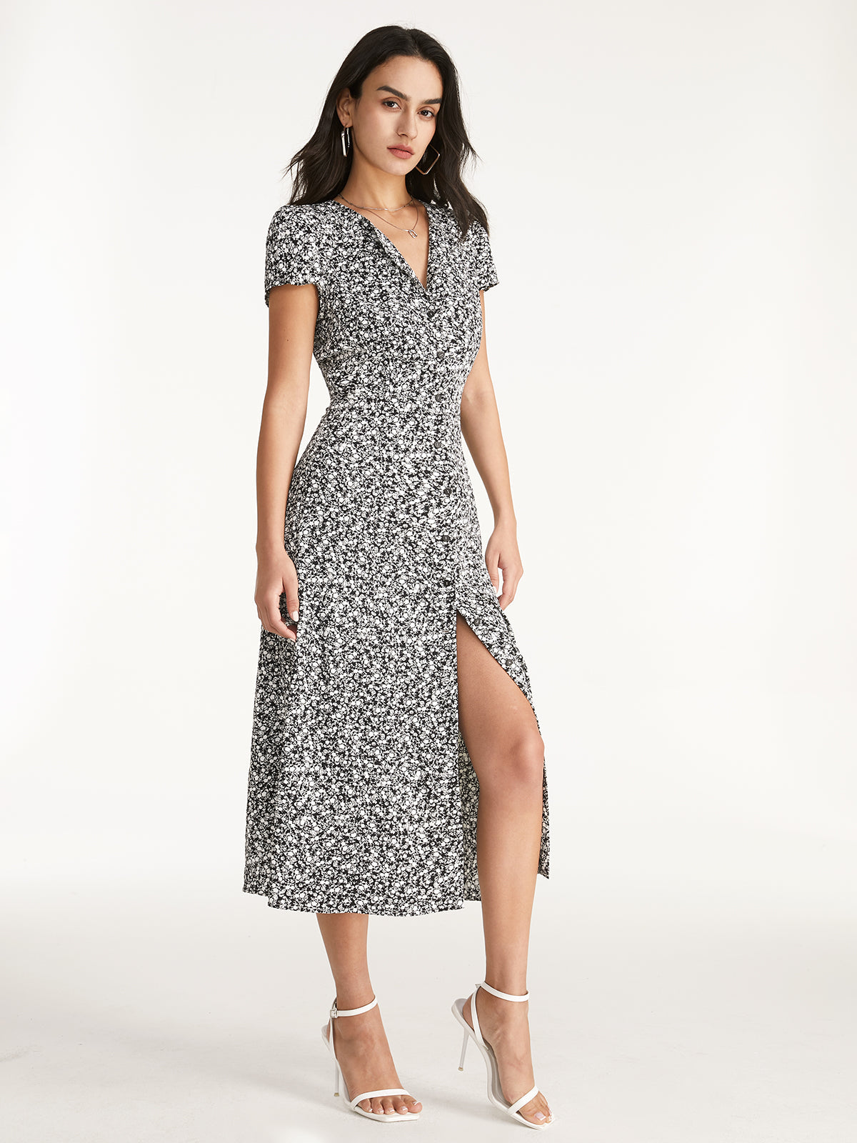 Contrast Floral Print V-Neck Cap Sleeve Slit Dress