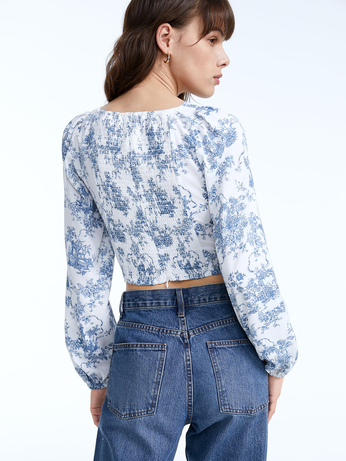 Cropped Heritage Floral Indigo Square Neck Longs Puff Sleeve Top