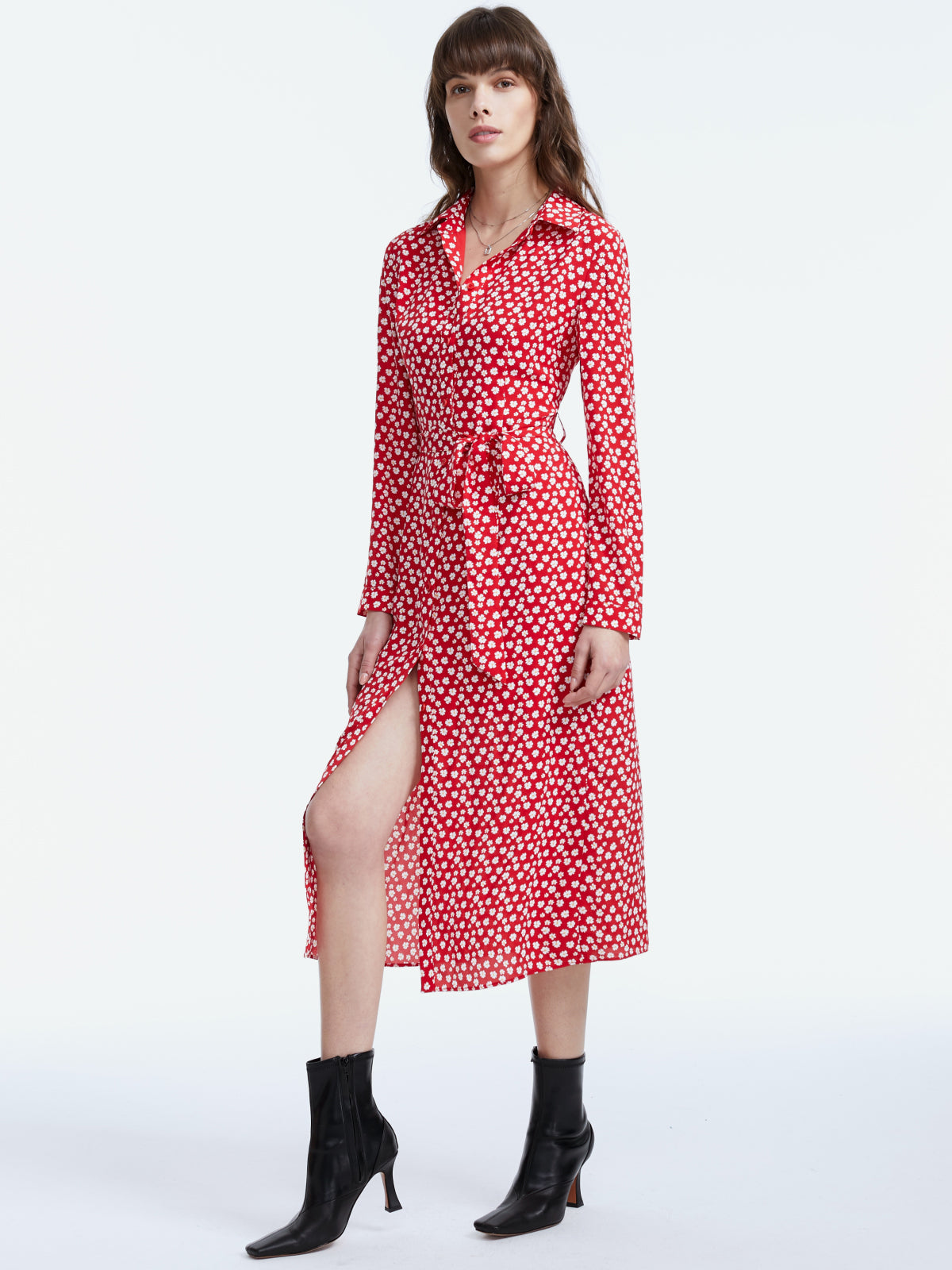 Long Sleeve Floral Collared Belted Slit Dress