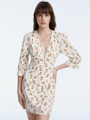 V Neck Double Button Short Sleeve Floral Mini Dress