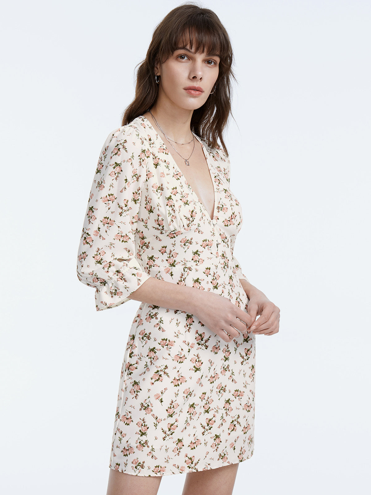 V Neck Double Button Short Sleeve Floral Mini Dress