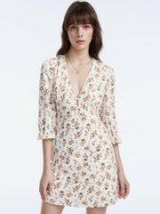 V Neck Double Button Short Sleeve Floral Mini Dress