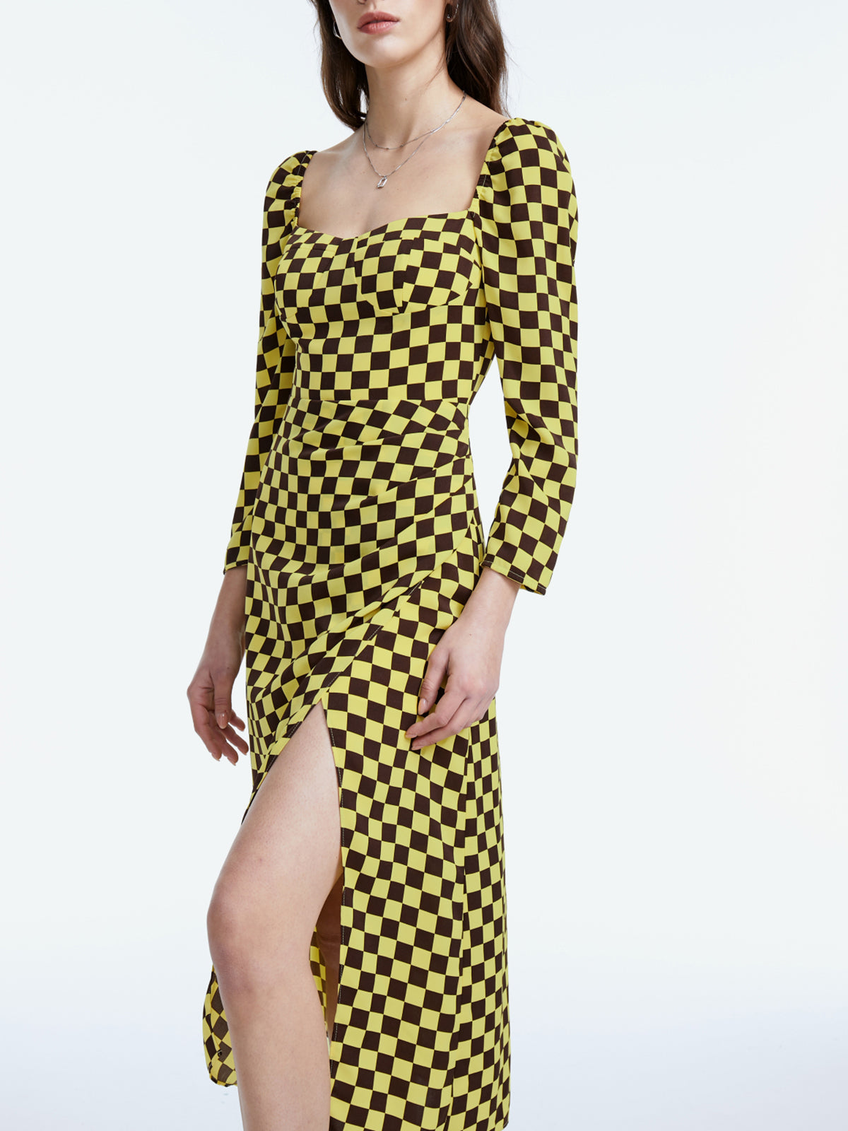 Square Neck Long Sleeve Racer Checkered Midi Slit Dress