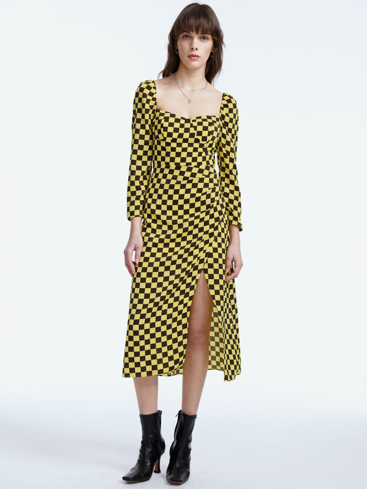 Square Neck Long Sleeve Racer Checkered Midi Slit Dress