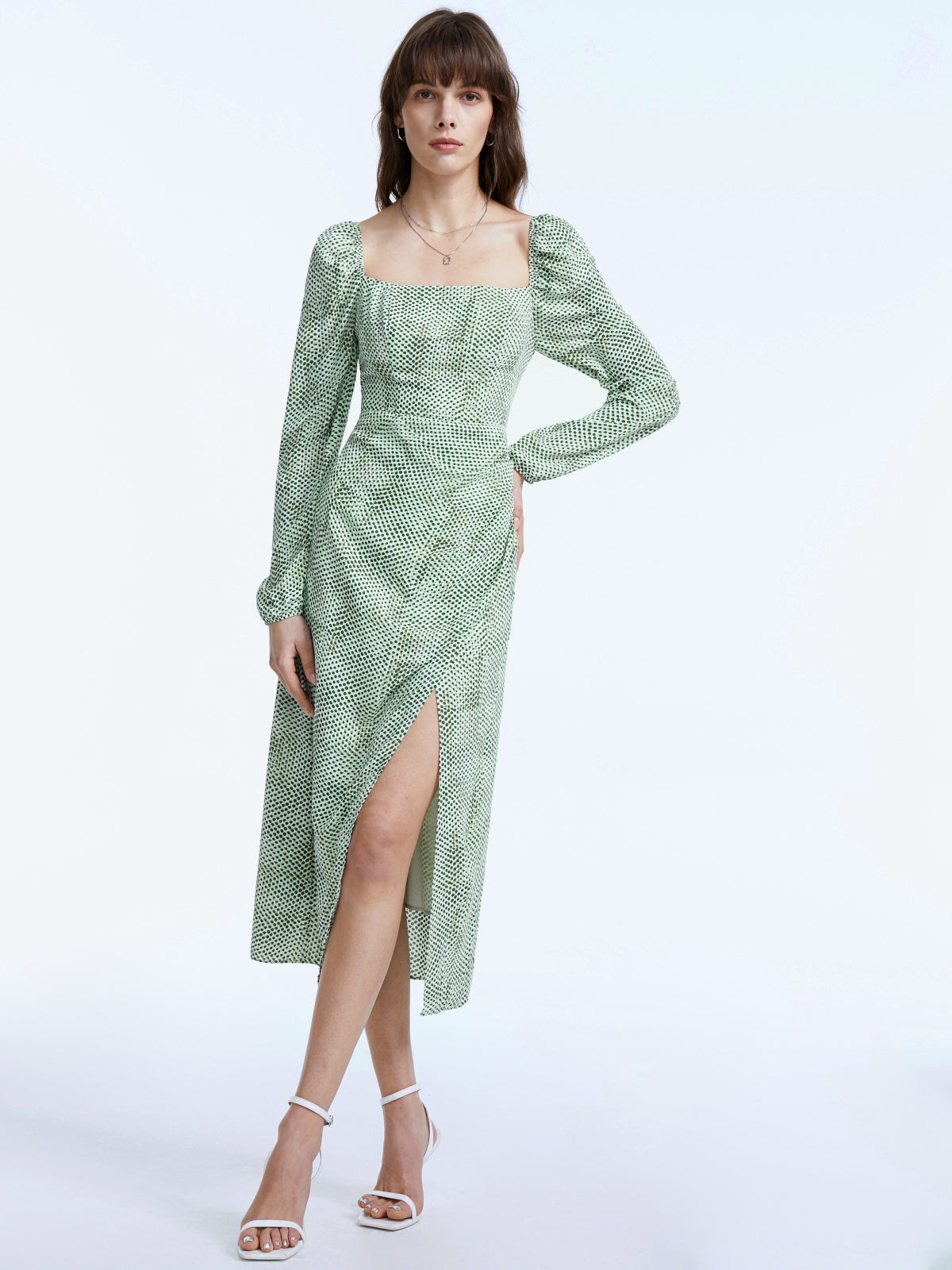 Square Neck Long Puff Sleeve Patterned Midi Slit Dress