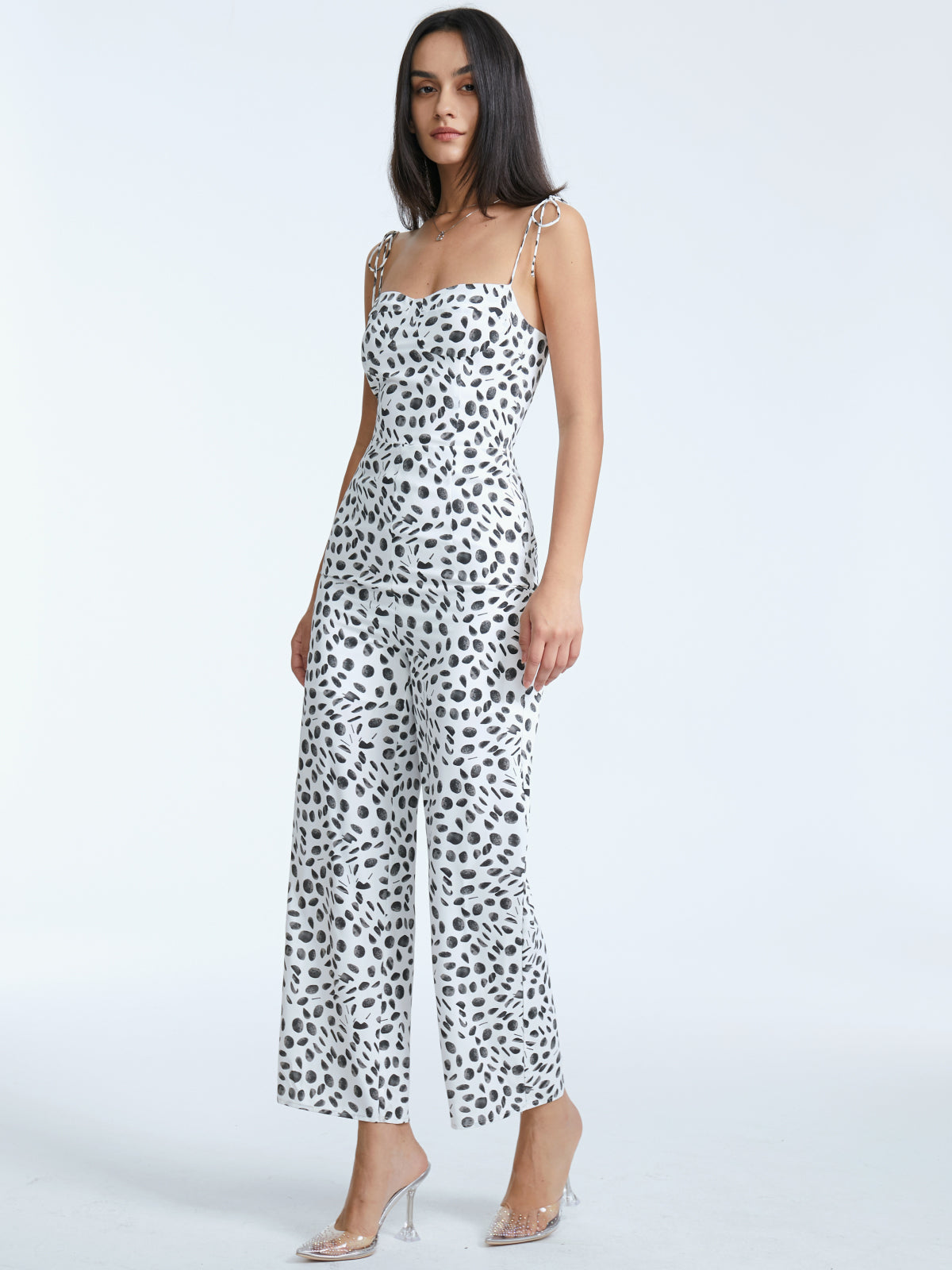 Tie Strap Contrast Print Wide Leg Jumpsuit