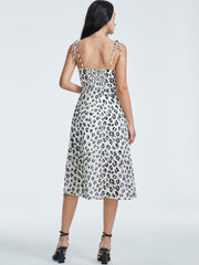 Square Neck Leopard Print Midi Strap Slit Dress