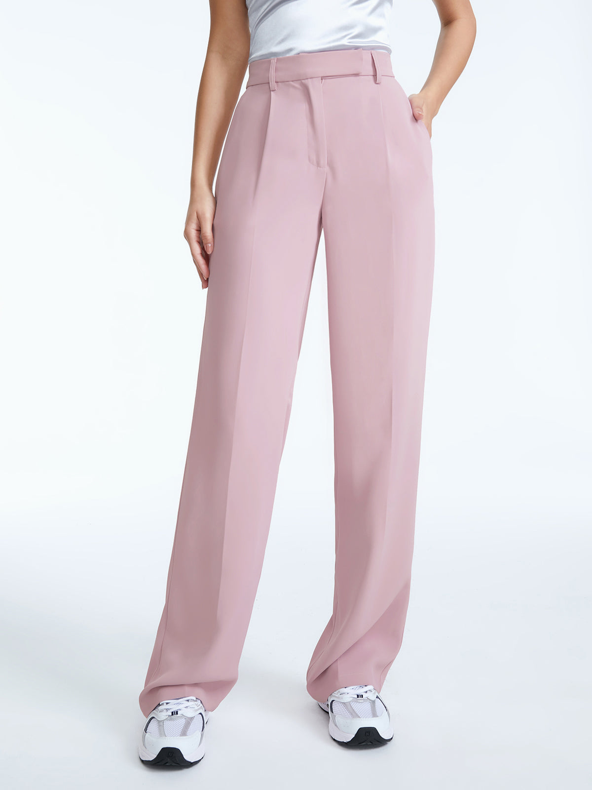 High Waisted Straight Leg Pleat Front Trousers