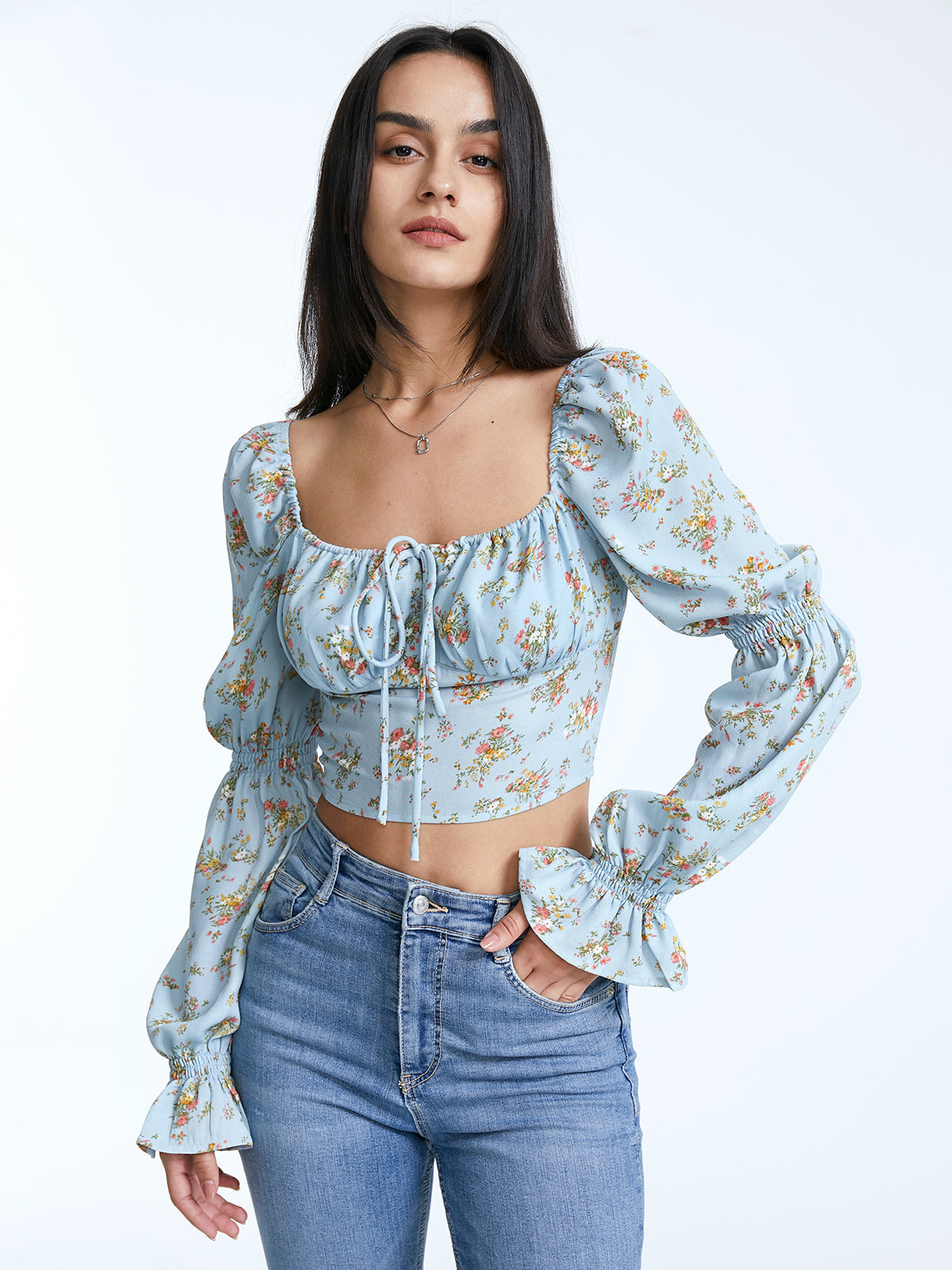 Square Ruche Neck Tie Front Long Puff Sleeve Cropped Floral Top