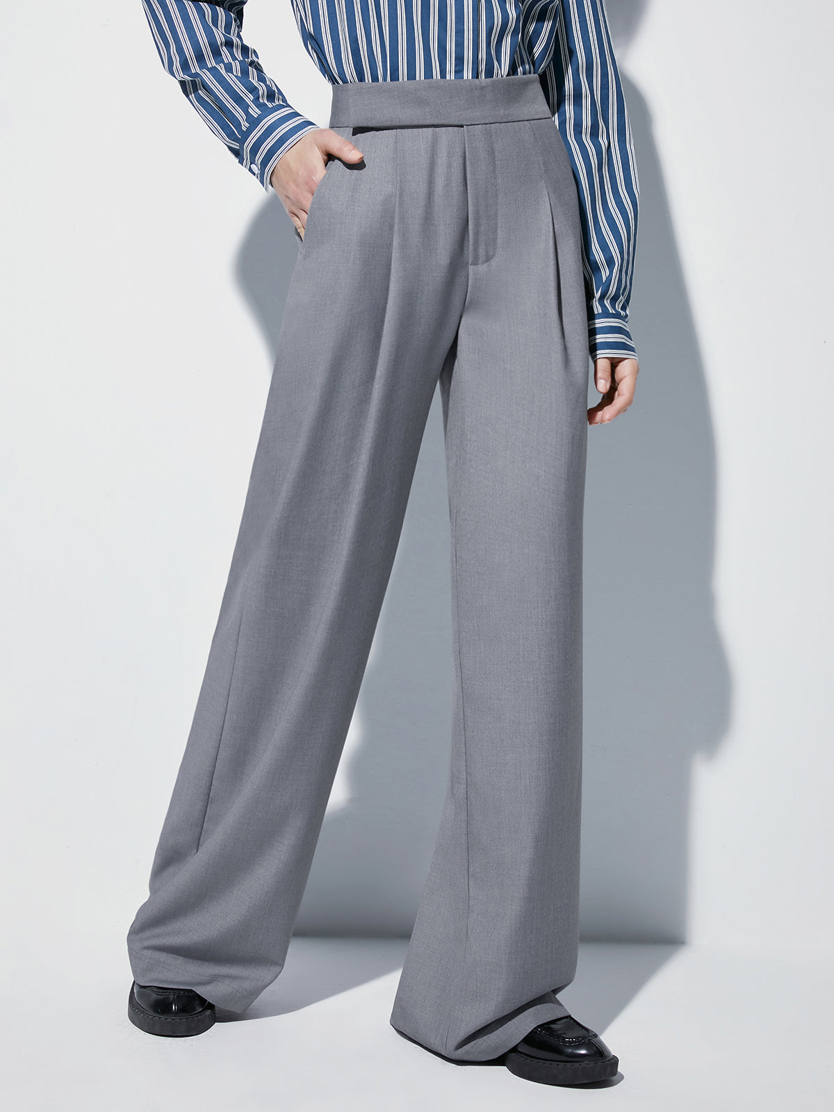 High Waisted Wide Leg Pleat Front Trousers