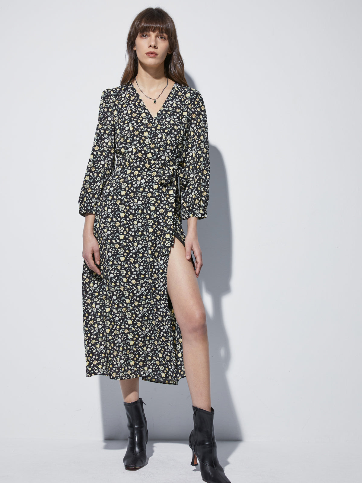 Long Sleeve V Neck Floral Slit Dress