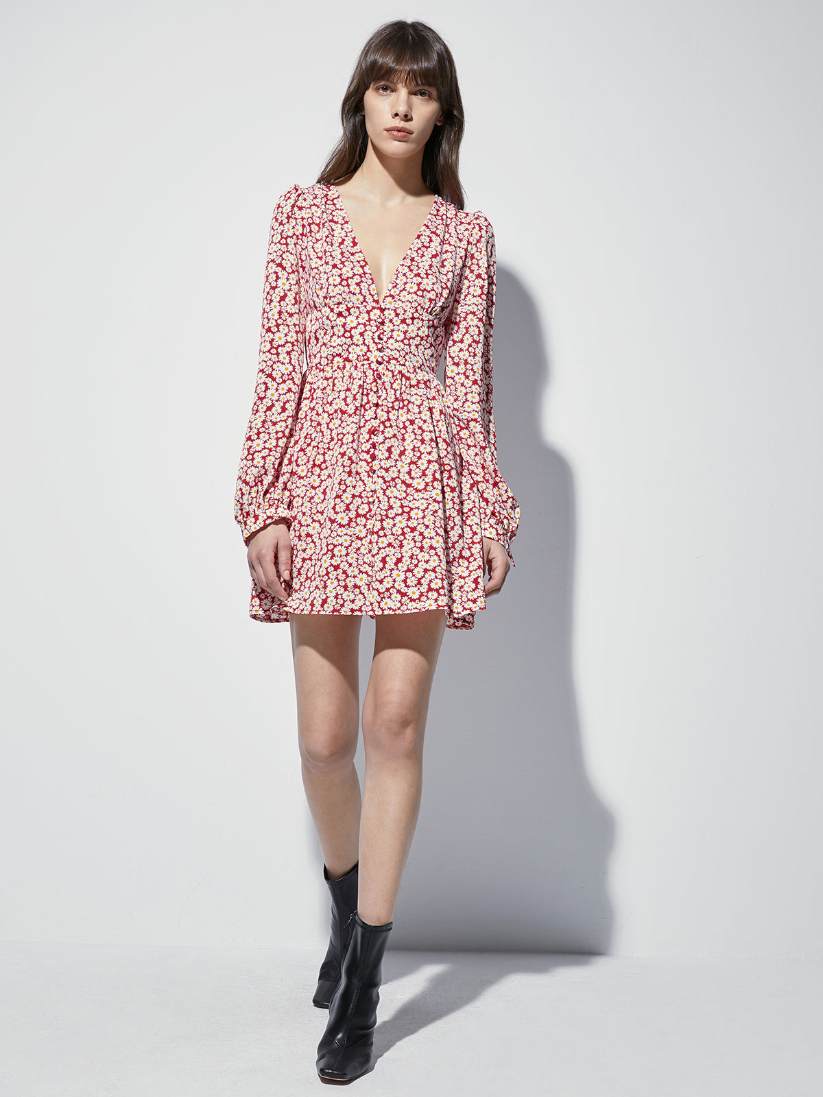 Long Sleeve Mini Floral V Neck Cinched Mini A Line Dress