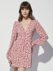 Long Sleeve Mini Floral V Neck Cinched Mini A Line Dress