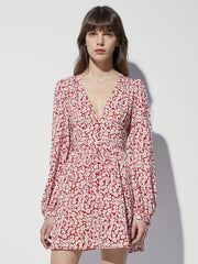 Long Sleeve Mini Floral V Neck Cinched Mini A Line Dress