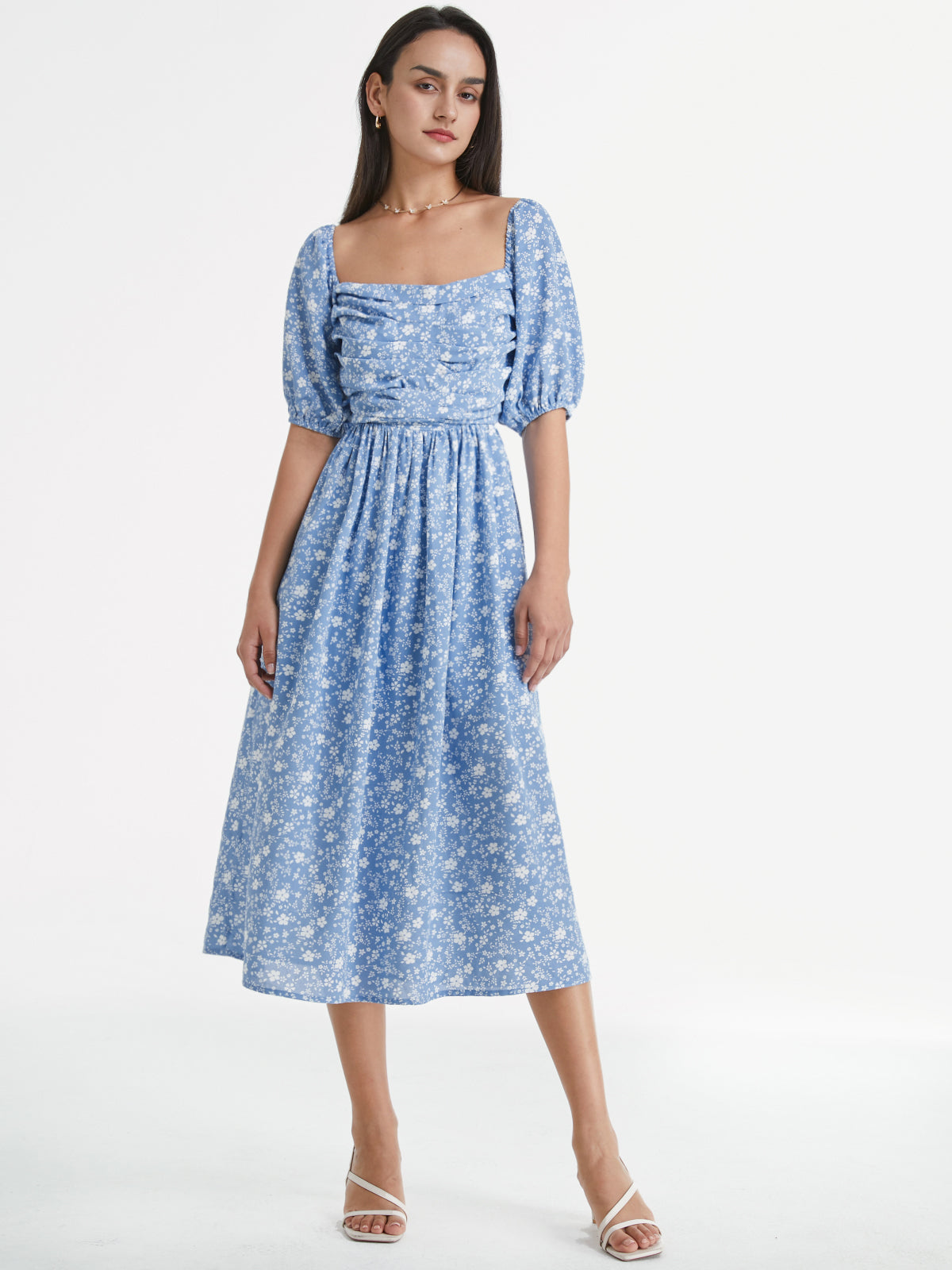 Square Neck Short Puff Sleeve Floral Cloud Midi A Line Dress