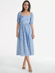 Square Neck Short Puff Sleeve Floral Cloud Midi A Line Dress