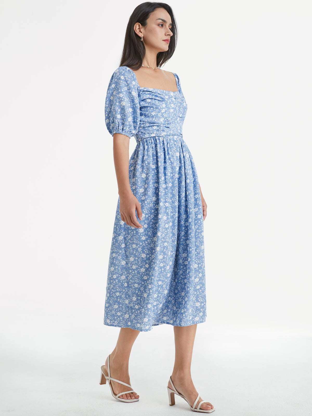 Square Neck Short Puff Sleeve Floral Cloud Midi A Line Dress