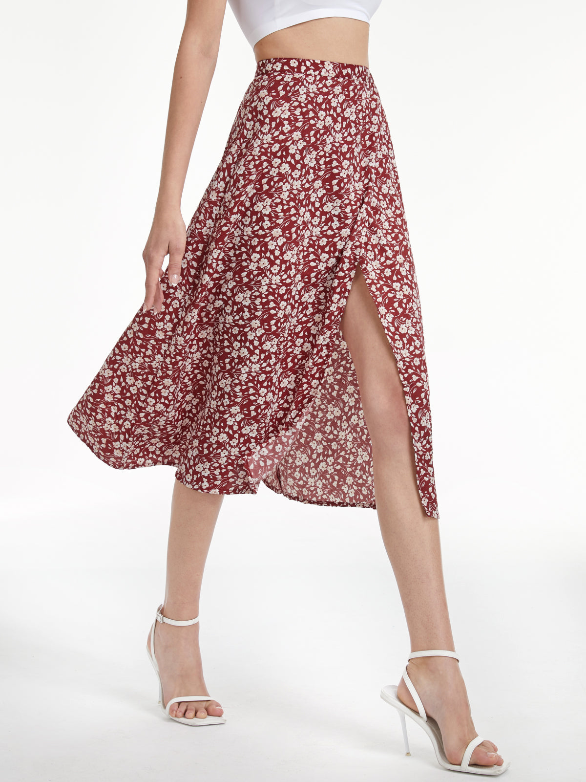 High Waisted Floral Slit Midi Skirt