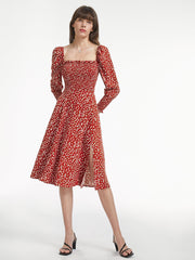 Long Puff Sleeve Square Neck Rosy Floral Ruche Dress