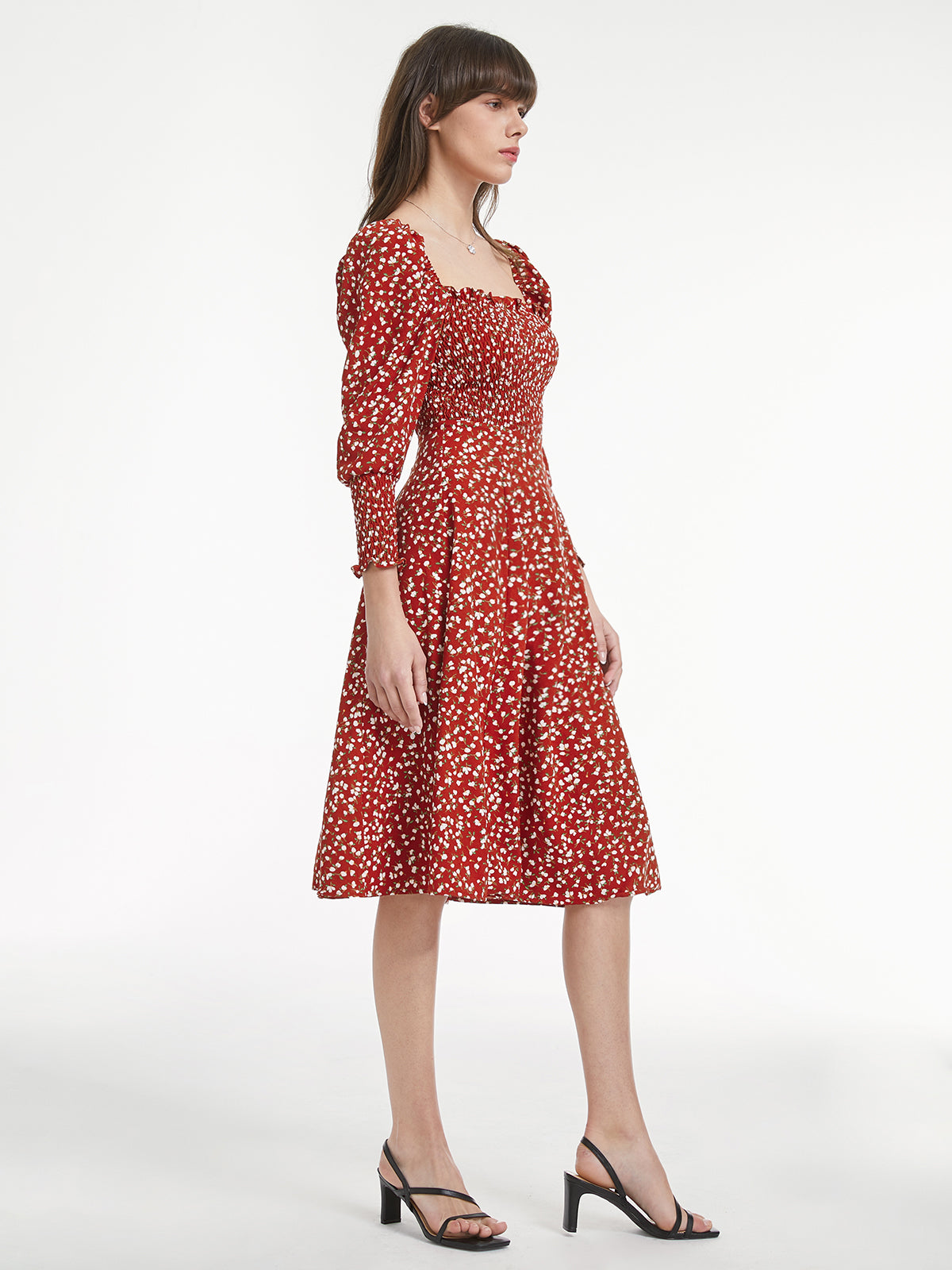 Long Puff Sleeve Square Neck Rosy Floral Ruche Dress