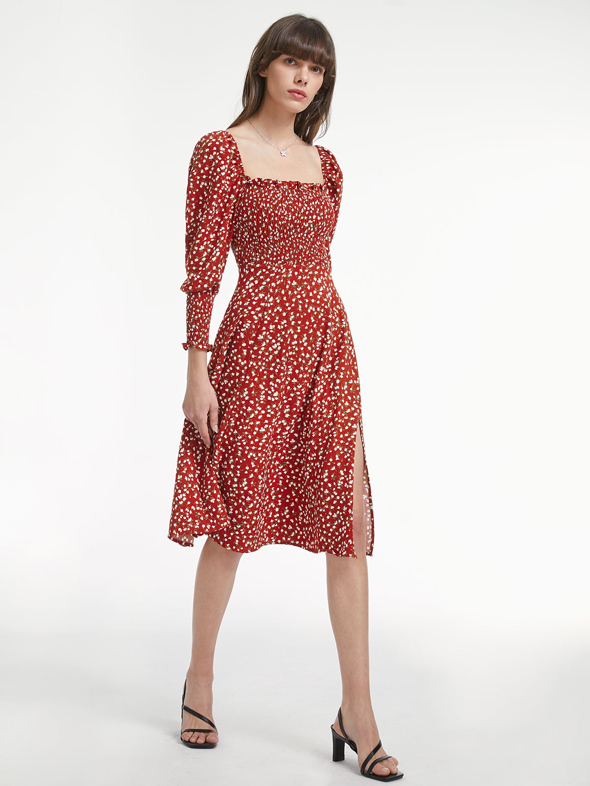 Long Puff Sleeve Square Neck Rosy Floral Ruche Dress