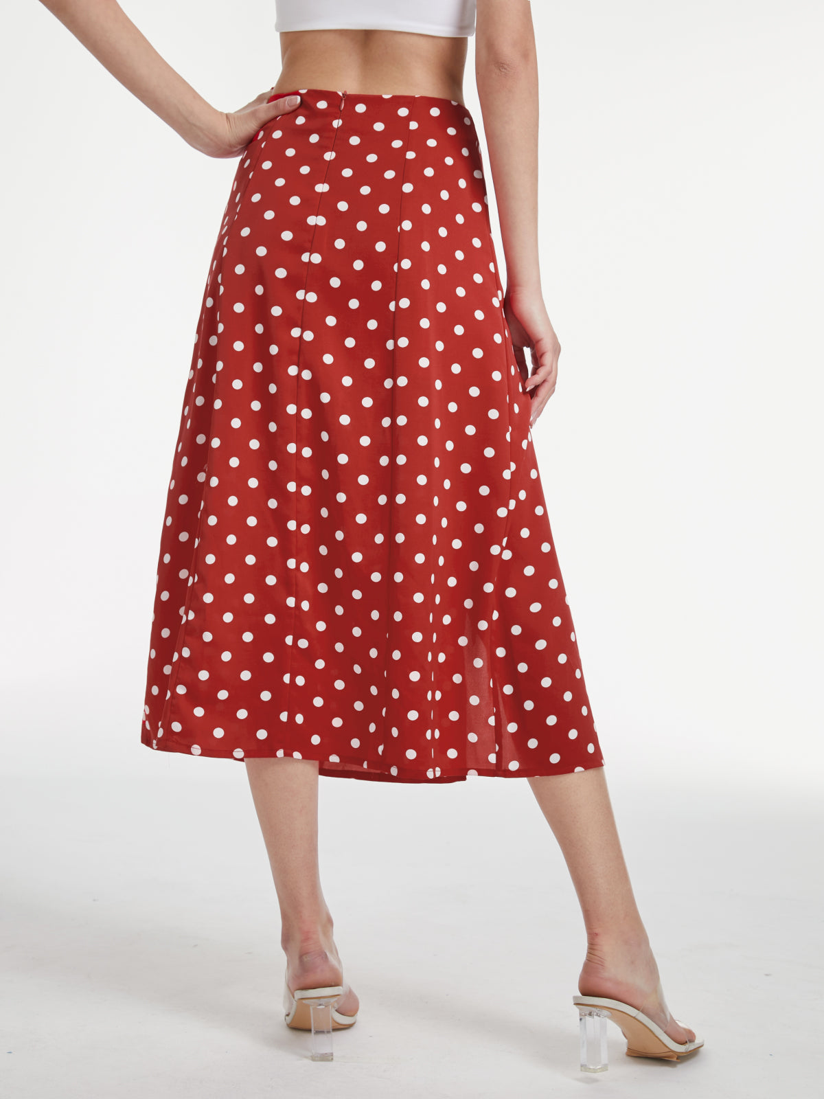 High Waisted Polka Dot Slit Midi Skirt