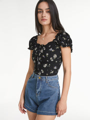 Short Puff Sleeve Daisy Tie Front Top